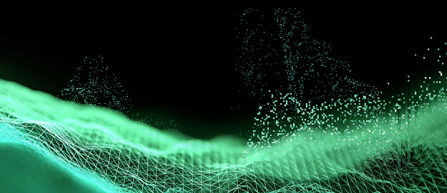 In the background, a graphic of green dots floating and splashing above a roiling surface of interconnected triangles.